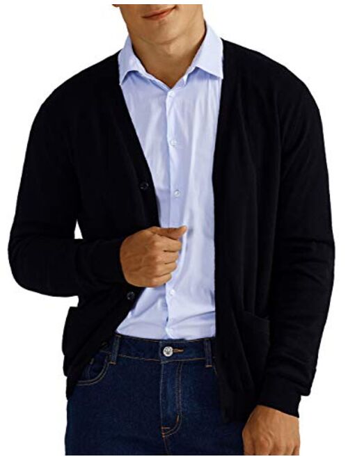 QUALFORT Mens Cardigan Sweater 100% Cotton Pockets Casual Slim Fit V-Neck Knitted Sweaters Button up