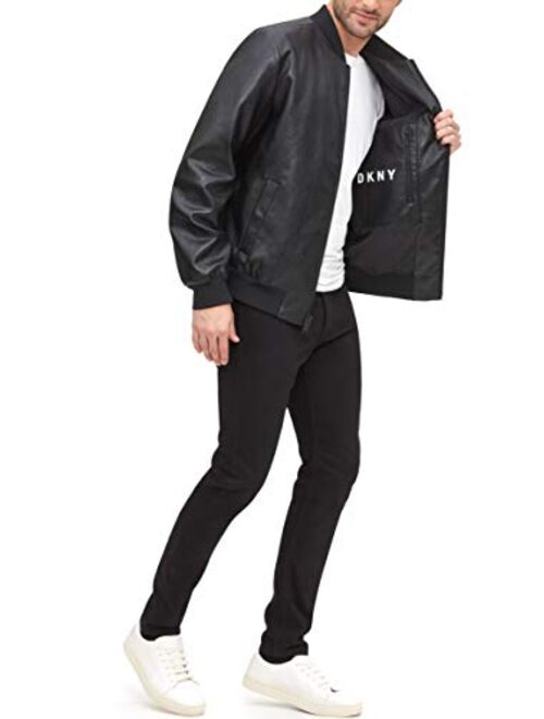 DKNY Men's Leather Bomber Jacket with Embossed Sleeve