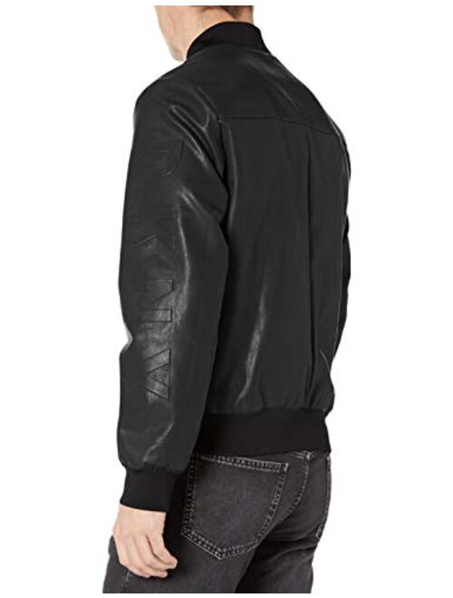 DKNY Men's Leather Bomber Jacket with Embossed Sleeve