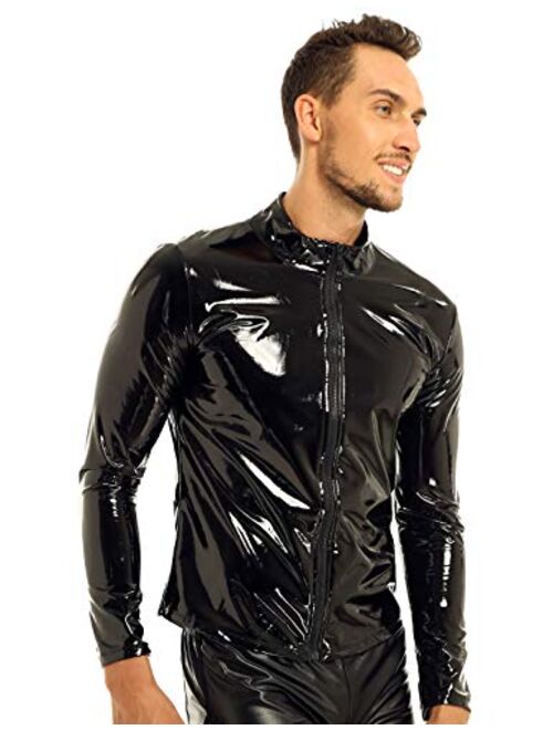 Agoky Men's Shiny Metallic Faux Leather Front-Zip Mock Neck Nightclub Stylish Motorcycle Jacket Biker Coat