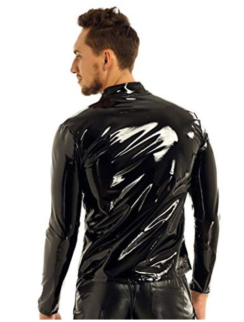 Agoky Men's Shiny Metallic Faux Leather Front-Zip Mock Neck Nightclub Stylish Motorcycle Jacket Biker Coat