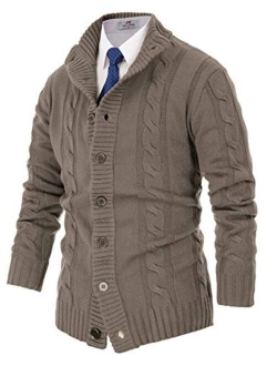 Mens Casual Stand Collar Cable Knitted Button Down Cardigan Sweater