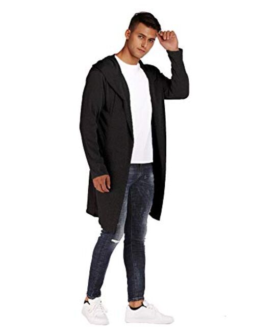 DOSWODE Mens Cardigan Long Open Front Draped Lightweight Hooded Sweater with Pockets