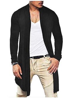 ZEGOLO Mens Long Cardigan Sweater Ruffle Shawl Open Front Drape Cape Overcoat with Pockets