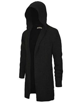 VICALLED Men's Long Cardigan Sweater Hooded Knit Slim Fit Open Front Longline Cardigans with Pockets