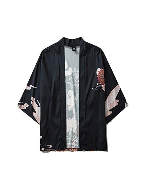 Litetao Women Men Sexy Beauty Floral Printed Kimono Cardigan Jackets 3/4 Sleeve Shirts Open Front Cape Coat