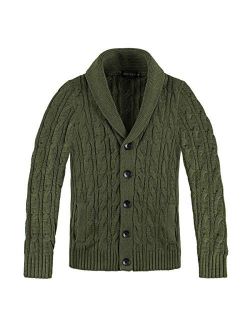 BOTVELA Men's Cable Knit Shawl Collar Casual Cardigan Sweater with Buttons and Pockets