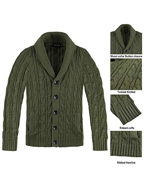BOTVELA Men's Cable Knit Shawl Collar Casual Cardigan Sweater with Buttons and Pockets