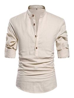 NITAGUT Men Henley Neck Long Sleeve Daily Look Linen Shirts