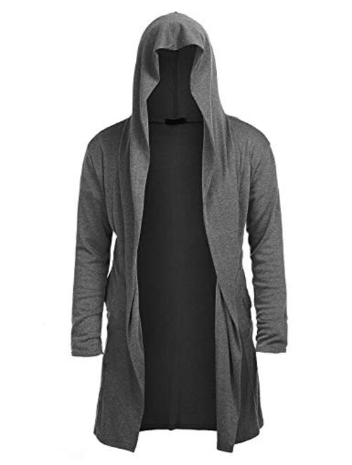 UUANG Mens Long Cardigan Open Front Draped Lightweight Hooded Sweater with Pockets