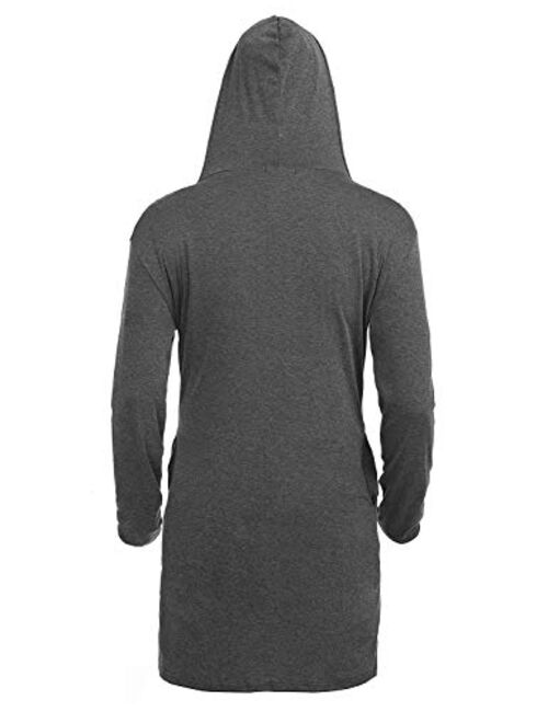 UUANG Mens Long Cardigan Open Front Draped Lightweight Hooded Sweater with Pockets