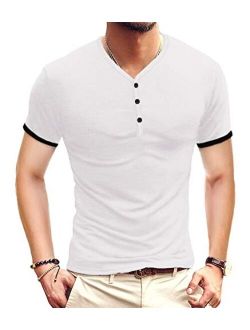 KUYIGO Mens Short Sleeve Henleys T-Shirts Buttons Placket Plain Summer Cotton Shirts