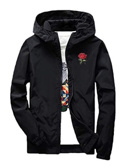 Rexcyril Men's Rose Floral Windbreaker Hooded Jacket Lightweight Casual Full Zip Flower Coat