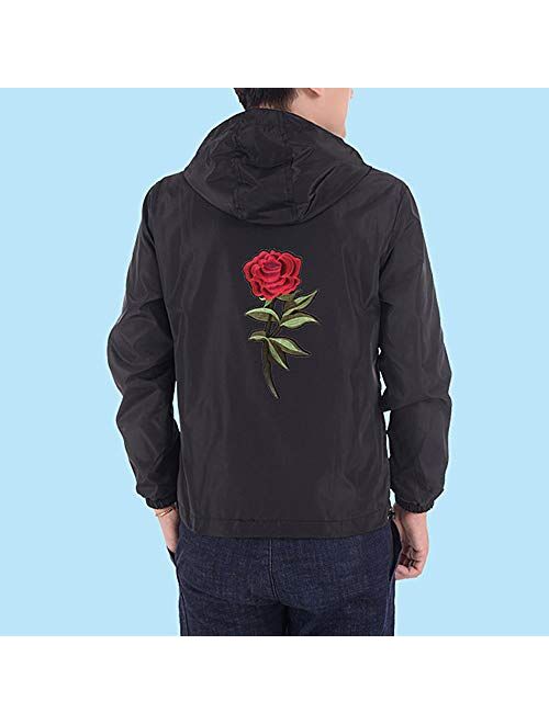 Rexcyril Men's Rose Floral Windbreaker Hooded Jacket Lightweight Casual Full Zip Flower Coat