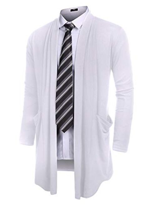 URRU Men's Ruffle Shawl Collar Cardigan Sweater Long Length Overcoat with Pockets S-XXL