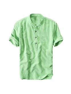 Runcati Mens Linen Henley Shirts Beach Short Sleeve Cotton Tops Lightweight Tees Plain Summer T Shirt