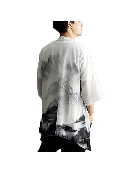 Men's Lightweight Open Front Cardigans Vintage Chinese Style Chiffon Print Cape Kimono