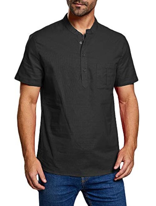 Mens Henley T-Shirt Linen Cotton Shirts Button Up Beach Tops Casual Short Sleeve Lightweight Plain Tees