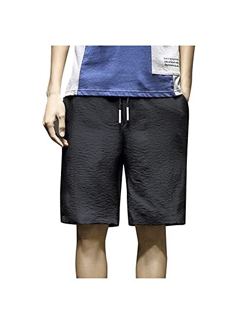 DIOMOR Fashion Ourdoor Shorts for Men 9 Inch Inseam Drawstring Cargo Shorts Pure Color Beach Trunks Elastic Waist Pants