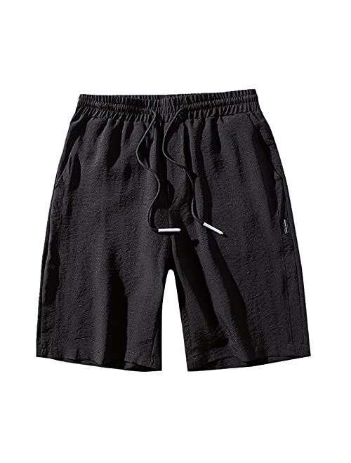 DIOMOR Fashion Ourdoor Shorts for Men 9 Inch Inseam Drawstring Cargo Shorts Pure Color Beach Trunks Elastic Waist Pants