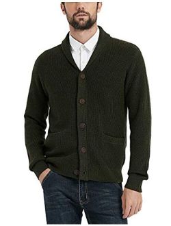 Kallspin Men's Merino Wool Blended Shawl Collar Cardigan Sweater Button Down Knitwear with Pockets
