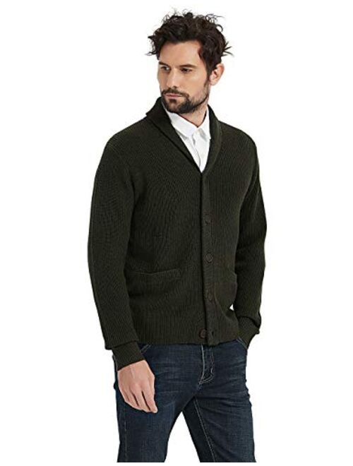 Kallspin Men's Merino Wool Blended Shawl Collar Cardigan Sweater Button Down Knitwear with Pockets