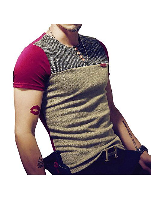 LOGEEYAR Mens Slim Fitted Casual Short/Long-Sleeve Button T-Shirts Contrast Color Stitching Tee