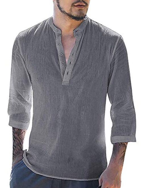 Mens Linen Henley Shirt Casual 3/4 Sleeve T Shirt Pullover Tees Lightweight Curved Hem Cotton Summer Beach Tops 