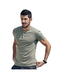 Men Casual Henley T Shirt Sexy V Neck Cotton Short Sleeve Tops