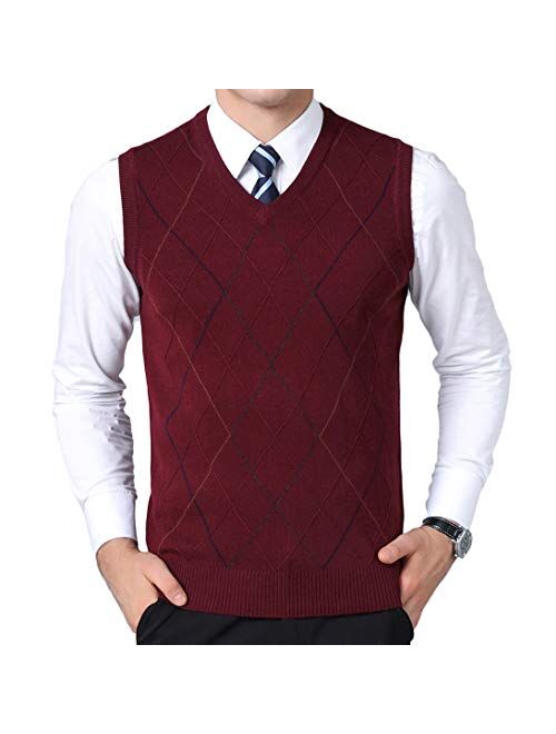 Homovater Mens Casual V-Neck Knitted Vest Sleeveless Sweaters Cardigan Button Down Knitwear Tank Top with Ribbing Edge Argyle