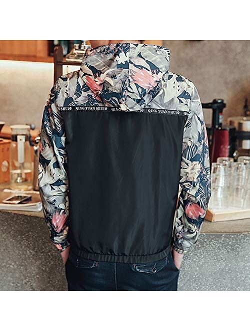 Rexcyril Men's Windbreaker Jacket, Floral Bomber Jacket Hooded Lightweight Zip-up Drawstring Flower Coat