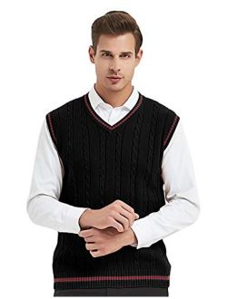 TOPTIE Men's V-Neck Cotton Twist Knit Sweater Vest Green and Red Trim