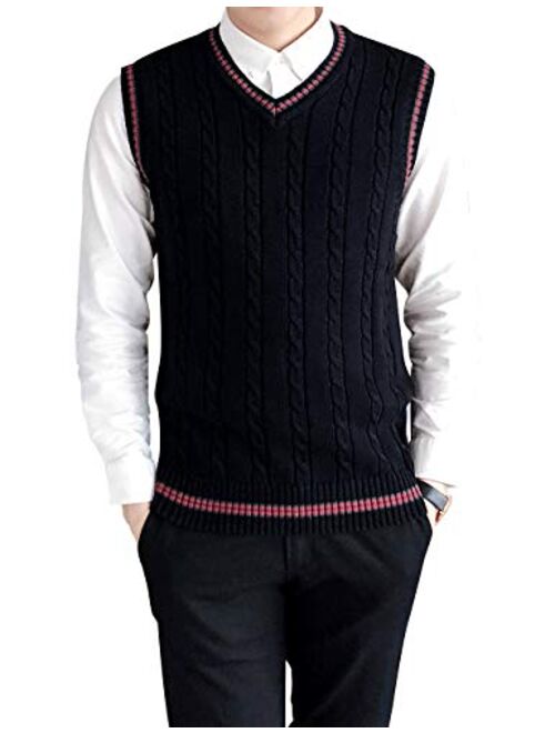 TOPTIE Men's V-Neck Cotton Twist Knit Sweater Vest Green and Red Trim