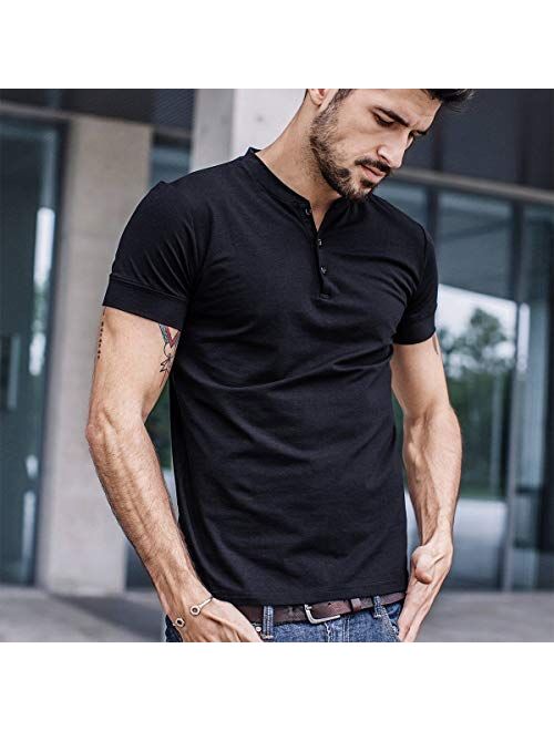 Lotmat Henley Shirts for Men V Neck 3 Buttons Slim Fit Sexy Short Sleeve Summer Casual Open T-Shirt Big and Tall T Shirts