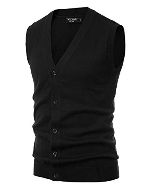 PAUL JONES Casual Slim Fit V-Neck Knit Sweater Vest with Front Button