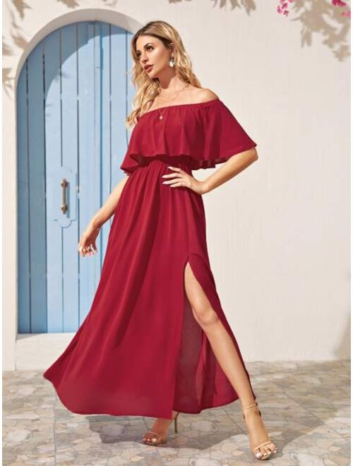 Shein Solid Foldover Split Thigh Bardot Dress