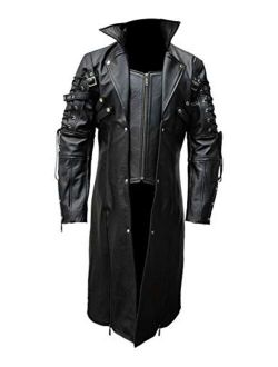 Mens Real Black Leather Goth Matrix Trench Coat Steampunk Gothic