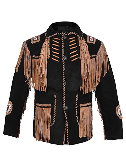 Mens Cowboy Western Suede Leather Jacket with Bones Beads Fringes- Bikers Style Mens Classic Fashion.