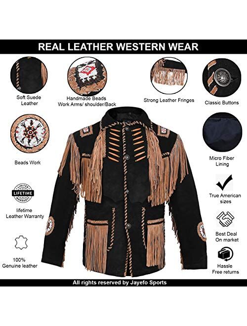 Mens Cowboy Western Suede Leather Jacket with Bones Beads Fringes- Bikers Style Mens Classic Fashion.