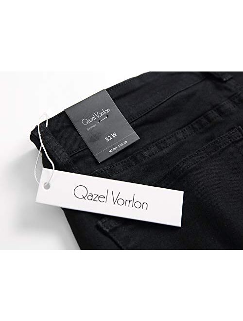 Qazel Vorrlon Men's Slim Fit Black Stretch Destroyed Ripped Skinny Denim Jeans