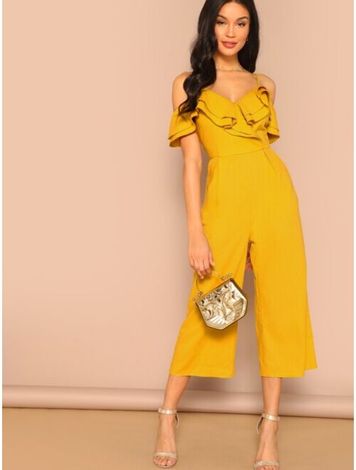 Shein Cold Shoulder Layered Flounce Foldover Palazzo Jumpsuit