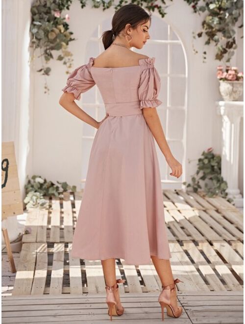 Shein Off Shoulder Ruffle Trim Buttoned Front Belted Dress
