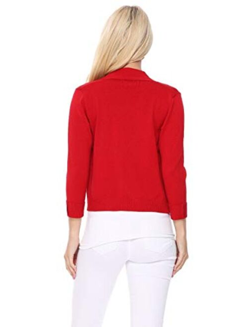 YEMAK Women's Cropped Bolero 3/4 Sleeve Casual Basic Open Front Cardigan Sweater