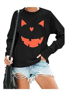 Women's Halloween Pumpkin Face Long Sleeve Sweatshirts Casual Pullover Tops