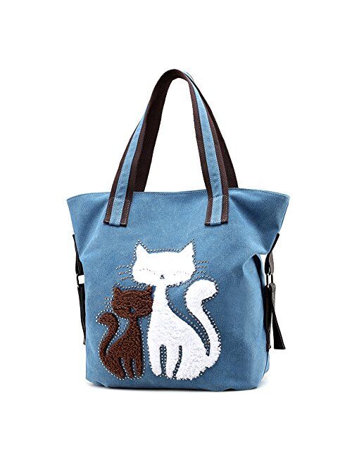 Hiigoo Lovely Canvas Cat Tote Bag Casual Handbag Shopping Bag Shoulder Bags Large Totes