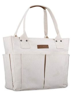 NICAV Work bags for women, Canvas Teacher Bag Large Tote Bag with Multiple Pockets, Perfect for Women, Nurses, Teachers and Students (White)