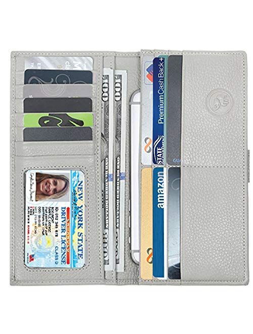 Slim Women's Leather Wallet (Light Grey) RFID-Blocking Large Capacity Clutch with Phone Holder, ID Window Premium Cowhide Leather Zippered Ladies Purse & Military Shieldi