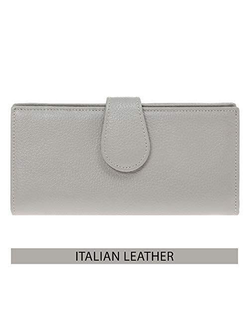 Slim Women's Leather Wallet (Light Grey) RFID-Blocking Large Capacity Clutch with Phone Holder, ID Window Premium Cowhide Leather Zippered Ladies Purse & Military Shieldi