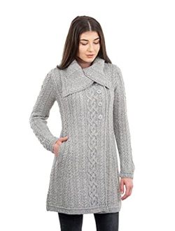 SAOL Ladies 3 Buttons Collar Irish Knitted Coat with Side Pockets in Grey/Navy
