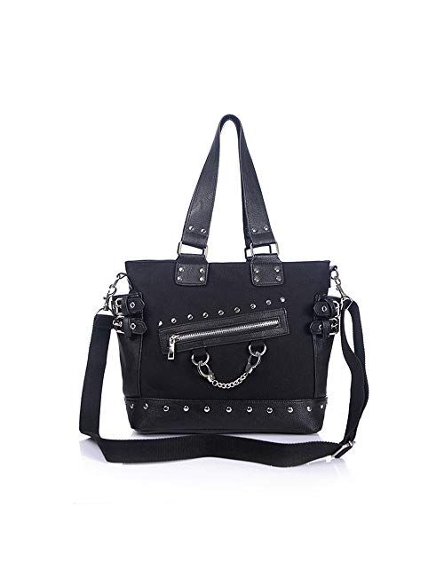 Women Fashion Rivet Handbag Purse Canvas Punk Tote with Shoulder Strap Crossbody Bag Large Capacity Black